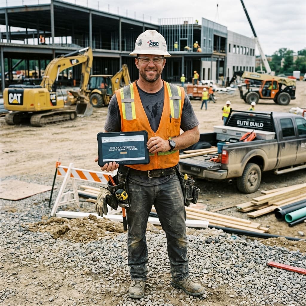 Contractor on a job site reviewing his business website on a tablet