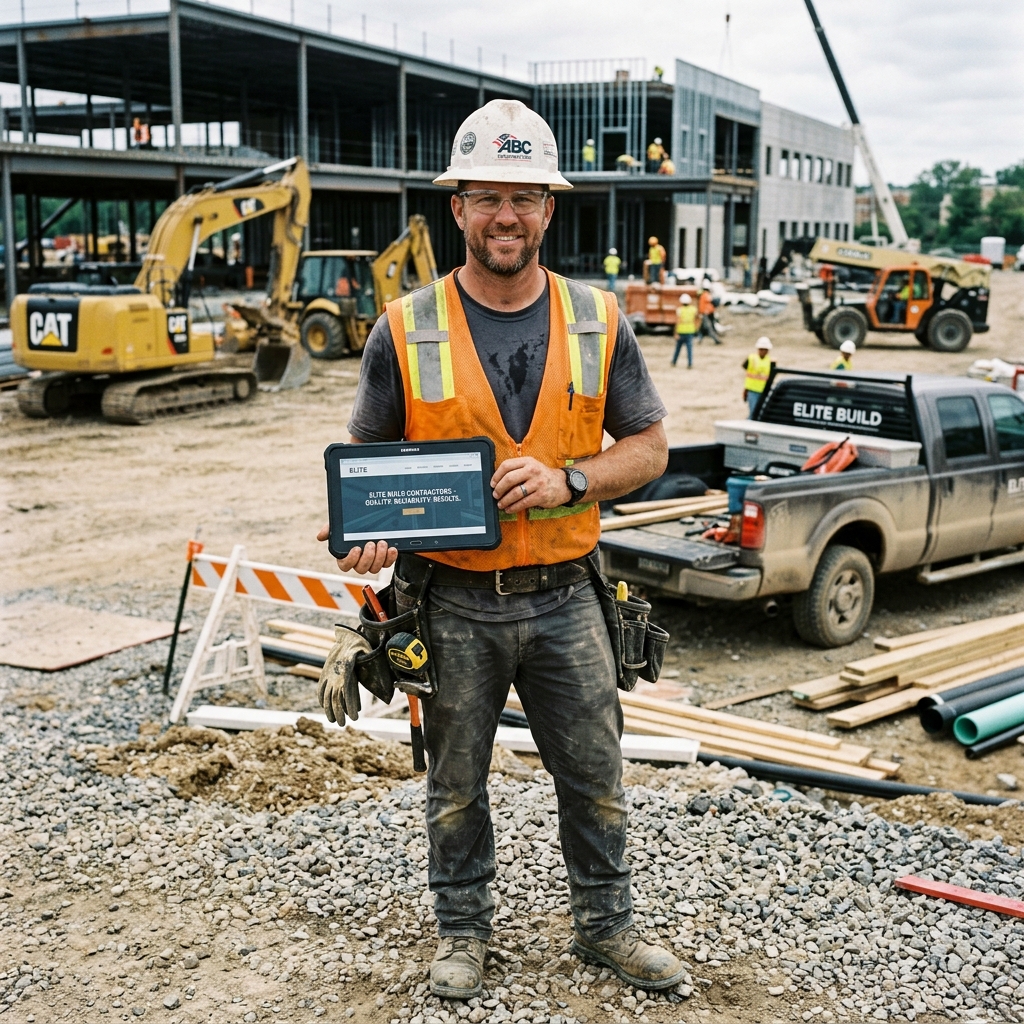 Contractor on a job site reviewing his business website on a tablet