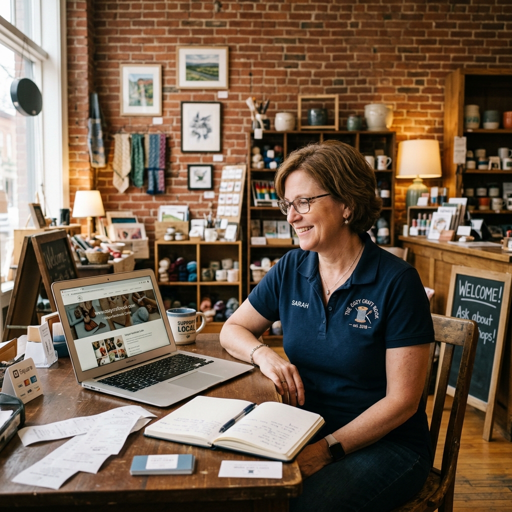 Local business owner reviewing her new website on a laptop in her shop