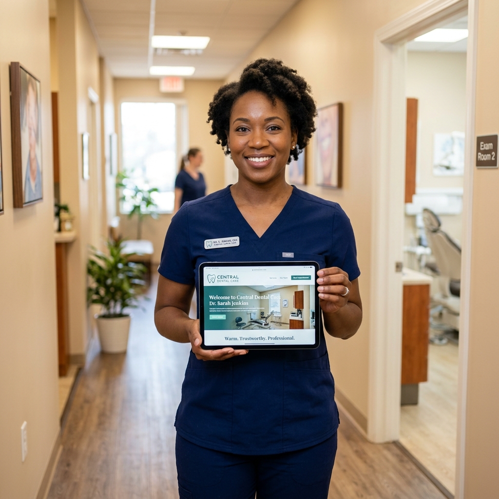 Healthcare professional in a private practice reviewing her office website